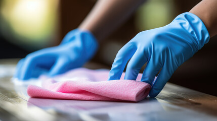 Person's arm in a rubber glove cleaning a bright, reflective surface with a spray bottle