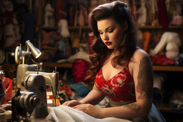 Beautiful curvy female model imagined as pinup seamstresses at a clothing workshop - obrazy, fototapety, plakaty