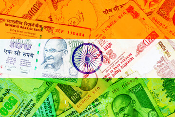 Flag of India mixed with Indian rupees background