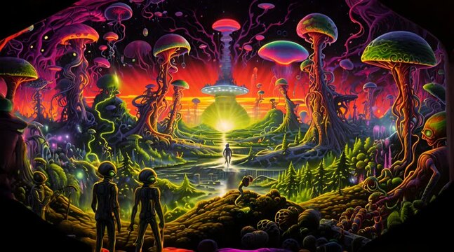 In a sci-fi landscape, aliens in suits observe giant mushrooms and a UFO illuminated by sunset. Generative AI