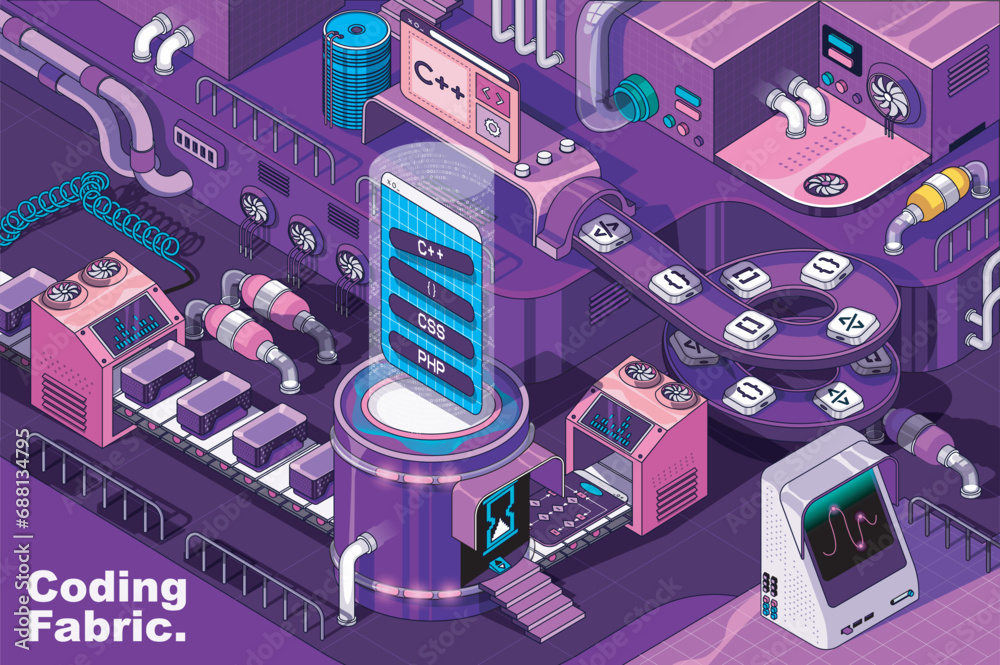 Poster Coding and programming web concept in 3d isometric design. Software, programs and scripts engineering. Abstract fabric production line in isometry graphic for corporate poster. Vector illustration.