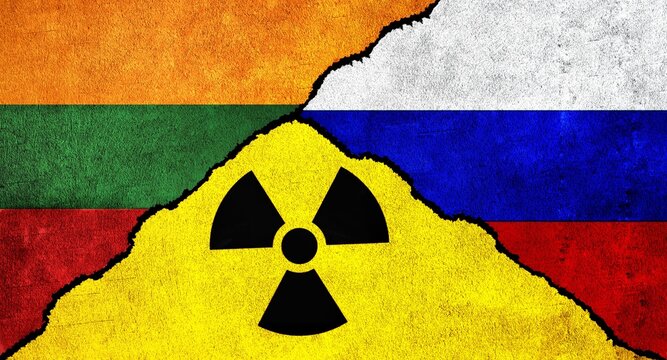 Flags of Lithuania, Russia and radiation symbol together. Russia and Lithuania Nuclear deal, threat, agreement, tensions concept