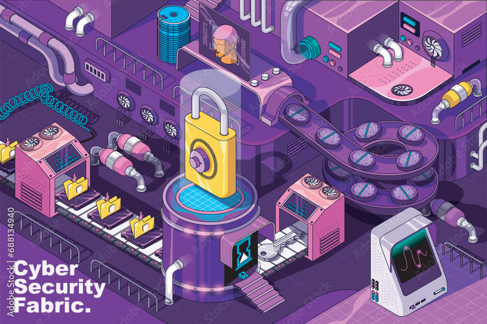 Fototapete cyber security web concept in 3d isometric design. personal data protection system with fingerprint 