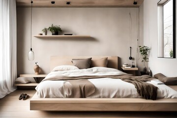 A bedroom with neutral-toned walls, showcasing a low-profile bed and a floating shelf with carefully curated minimalist decor
