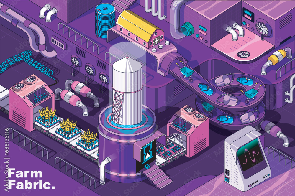 Fototapete Smart farm web concept in 3d isometric design. Monitoring and automated growing crop, farming industry. Abstract fabric production line in isometry graphic for corporate poster. Vector illustration.