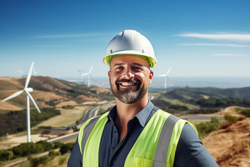Un technicien ou chef de chantier tout sourire sur un site éolien dans la campagne en Europe - obrazy, fototapety, plakaty