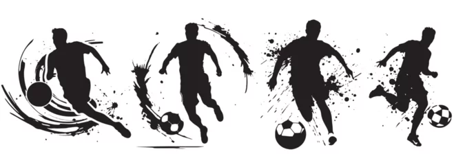 Fotobehang Group of soccer players playing soccer together, athletic male athletes silhouettes, black and white vector decorative graphics © Cris