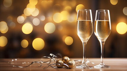 Two glasses of champagne on bokeh background.