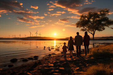 Silhouetted family walking by the lake at sunset with wind turbines in the distance, showcasing harmony between nature and renewable energy.