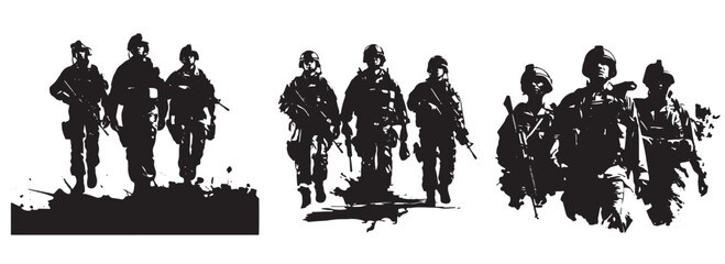 Group of soldiers in full uniform and machine guns, military silhouettes, black and white vector decorative graphics - obrazy, fototapety, plakaty