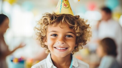 A happy little boy is celebrating his birthday with friends at a bright beach party.