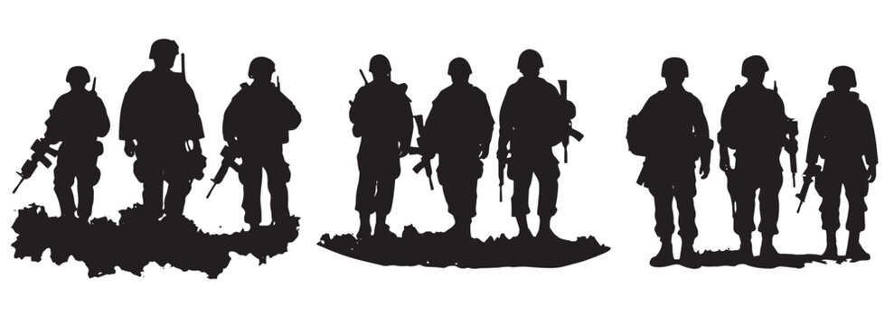 Group of soldiers in full uniform and machine guns, military silhouettes, black and white vector decorative graphics