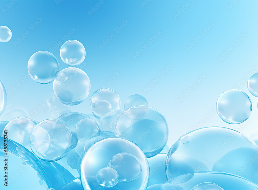 Poster Soaring bubbles on blue background. Abstract soap bubbles floating background