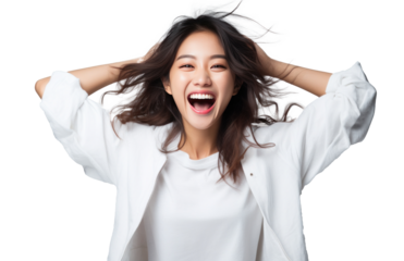 a young asian woman who is excited for winning a competition against another person,