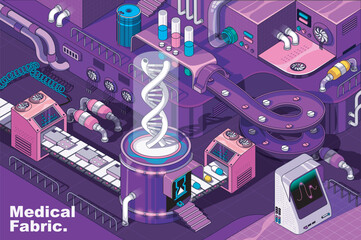 Medical laboratory web concept in 3d isometric design. Medicine system, genetic research, pharmacy. Abstract fabric production line in isometry graphic for corporate poster. Vector illustration.
