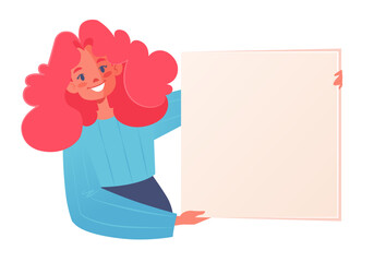 Cute Greetingly smiling girl with bright appearance holding a blank banner. Concept of presentations, advertisements, place for text. Vector character in cartoon style with template