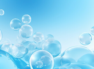 Soaring bubbles on blue background. Abstract soap bubbles floating background