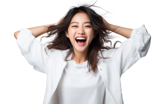 a young asian woman who is excited for winning a competition against another person,