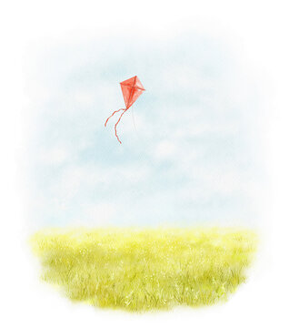 Bright landscape scenery with green grass, summer meadow, sky with clouds and red kite isolated on white background. Watercolor hand drawn illustration sketch