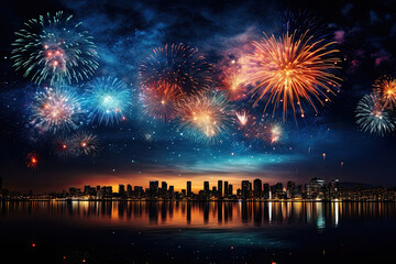 Fototapeta na wymiar Beautiful firework show on the night sky