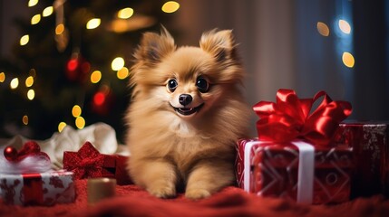 Fototapeta na wymiar A cute doggy with gift box