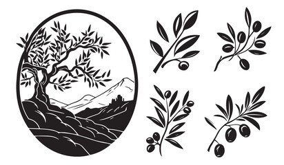 Olive branches with olives, black and white vector graphics, logo for an olive press - obrazy, fototapety, plakaty