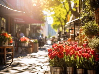 Tulips in pots on the terrace of  flower shop.