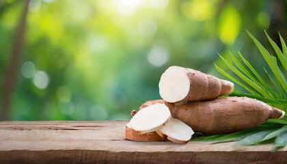 cassava on wood with a blurred green background