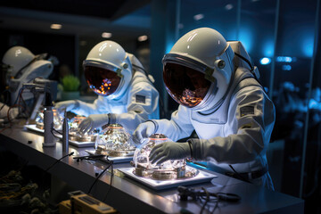 Astronauts in space suits conducting botanical experiments in a high-tech space laboratory. - obrazy, fototapety, plakaty