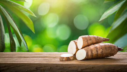 cassava on wood with a blurred green background