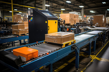 A package on a conveyor belt in a well-organized warehouse or distribution center, depicting logistics and automated technology.