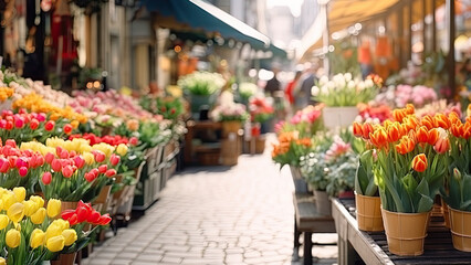 Fototapeta na wymiar Tulips in pots on the terrace of flower shop.