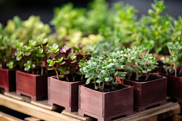 Green plants in wooden boxes.