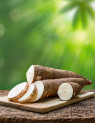 cassava on wood with a blurred green background