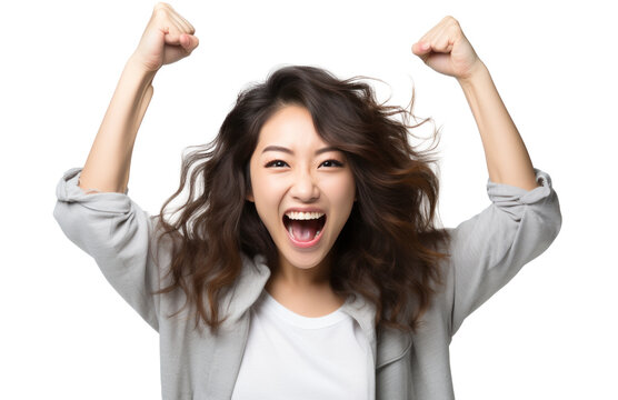 an asian woman is holding her fist and laughing on white background