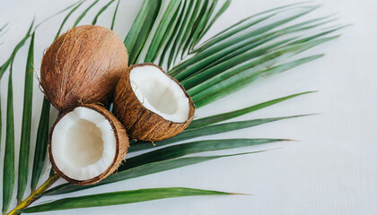Obraz na płótnie Canvas coconuts and leaf of palm trees