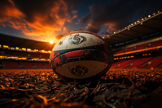 A rugby ball on a field with a stunning sunset sky in the background, at an empty stadium, capturing the essence of the sport.