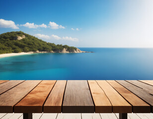 Fototapeta premium Wooden table with a spectacular view of the sea, island, and blue sky in the background. Generative AI