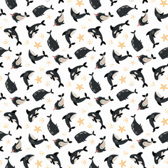 Seamless pattern with sea animals. Shark, killer shark, whale, narwhal.