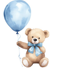a watercolor of a teddy bear holding a blue balloon,