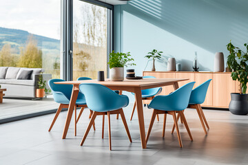 In a modern dining room with Scandinavian interior design,blue chairs surround a wooden dining table placed against a window, creating a stylish and functional space. Bright image. 