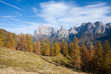 Fototapeta na wymiar Dolomites range landscape. San Martino di Castrozza mountains view