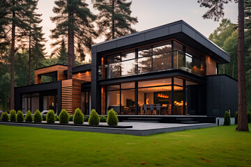 Fototapeta na wymiar Exterior view of a modern minimalist two-story private house with a cubic design, situated in a forest. The black walls are adorned with timber wood cladding, and the back yard features a beautiful 