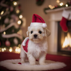 Maltese puppy in Santa Claus hat, white puppy, shaggy, close-up, Christmas background