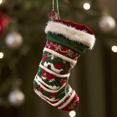 Christmas sock with ornament, close-up, holiday background