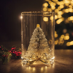 Glass gift with a small Christmas tree inside, surprise, close-up, Christmas background