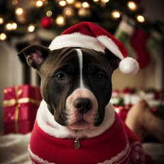 Pit bull wearing Santa Claus hat, close-up, Christmas background