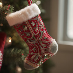 Christmas traditional sock with ornament, close-up, holiday background