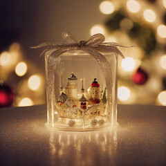 Glass gift with small houses inside, city in a glass, surprise, close-up, christmas background