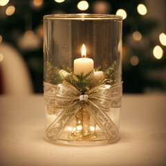 Glass gift with a burning candle inside, surprise, close-up, Christmas background
